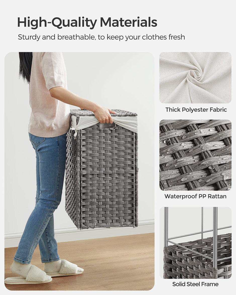 Laundry Basket – Rattan-Style – Natural – 3 Compartments with Removable Liner and Lid