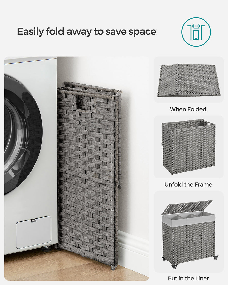 Laundry Basket – Rattan-Style – Natural – 3 Compartments with Removable Liner and Lid