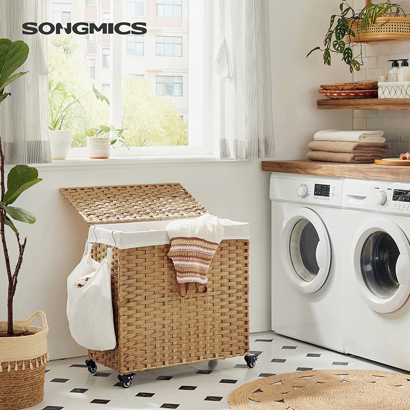 Laundry Hamper – Rattan-Style – Natural – 3 Compartments with Removable Liner