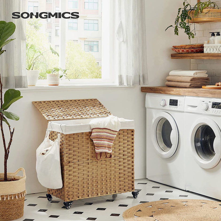 Laundry Hamper – Rattan-Style – Natural – 3 Compartments with Removable Liner