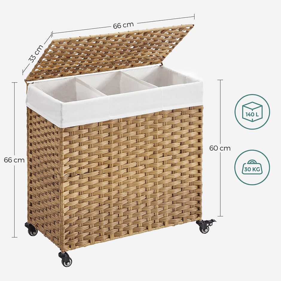Laundry Hamper – Rattan-Style – Natural – 3 Compartments with Removable Liner
