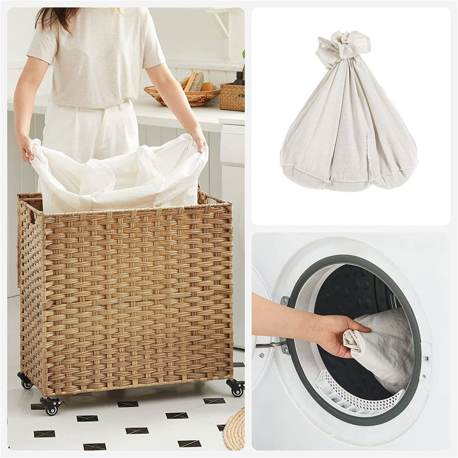 Laundry Hamper – Rattan-Style – Natural – 3 Compartments with Removable Liner