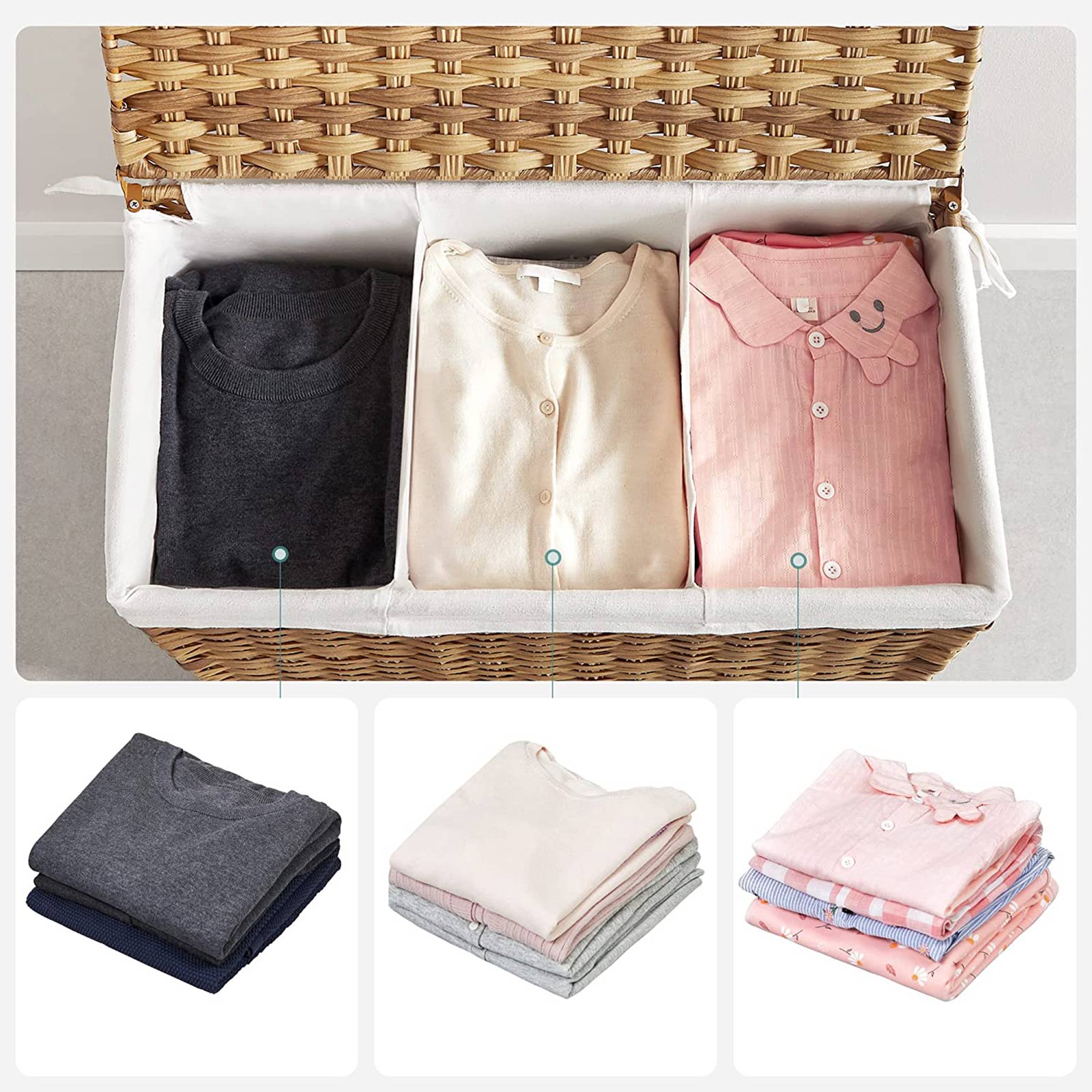 Laundry Hamper – Rattan-Style – Natural – 3 Compartments with Removable Liner