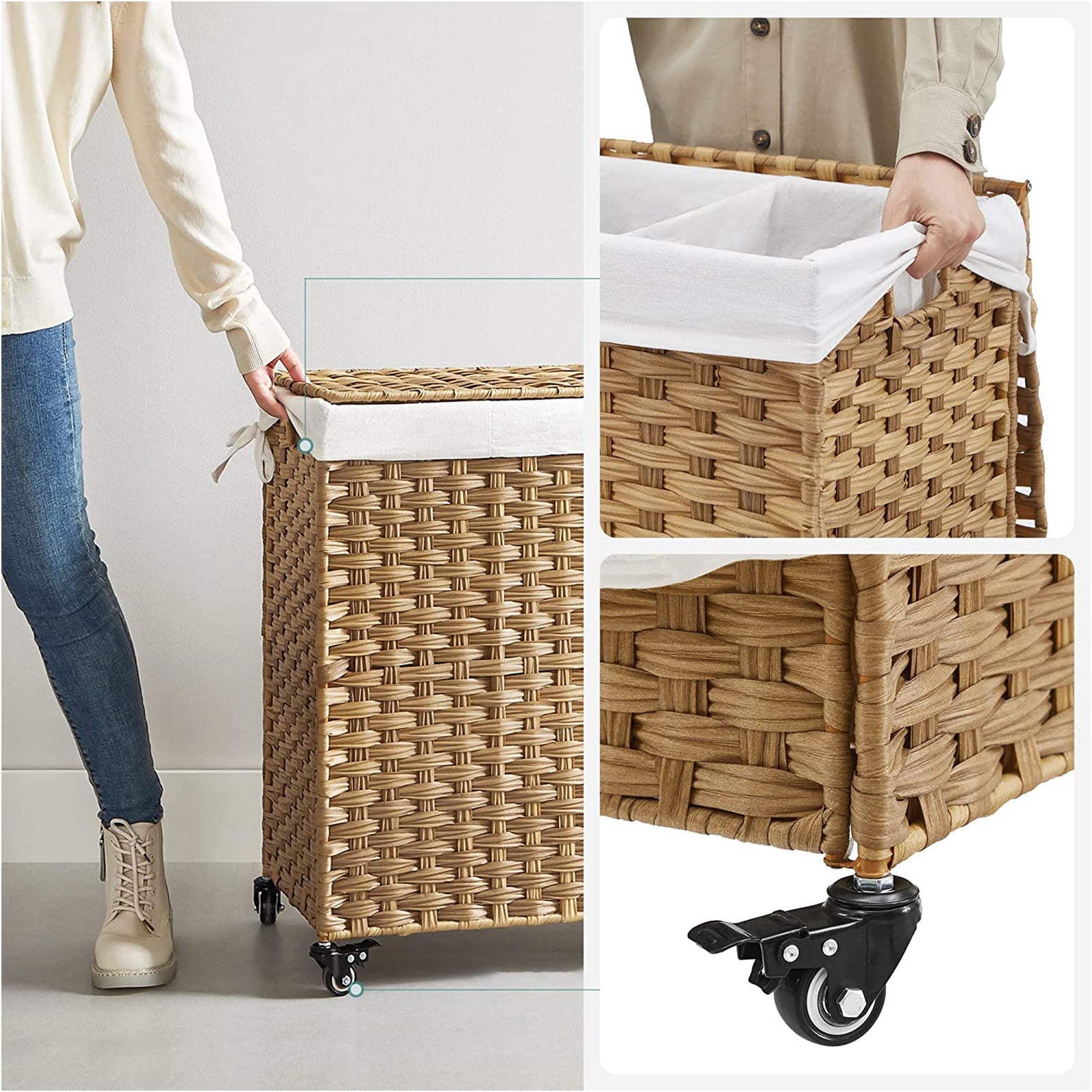 Laundry Hamper – Rattan-Style – Natural – 3 Compartments with Removable Liner