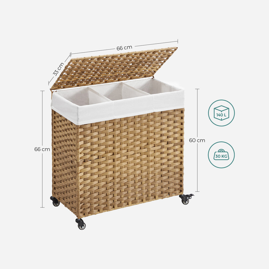 Laundry Hamper – Rattan-Style – Natural – 3 Compartments with Removable Liner