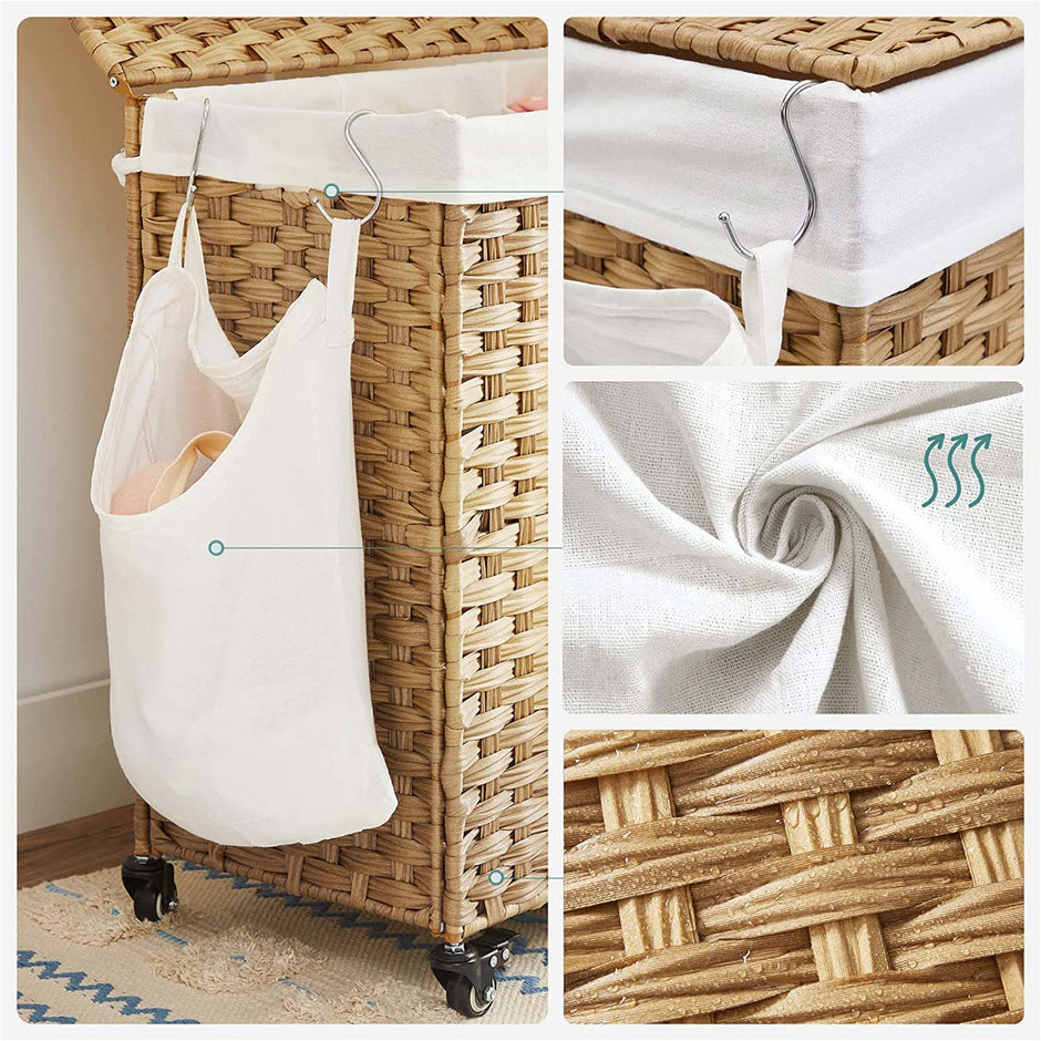 Laundry Hamper – Rattan-Style – Natural – 3 Compartments with Removable Liner
