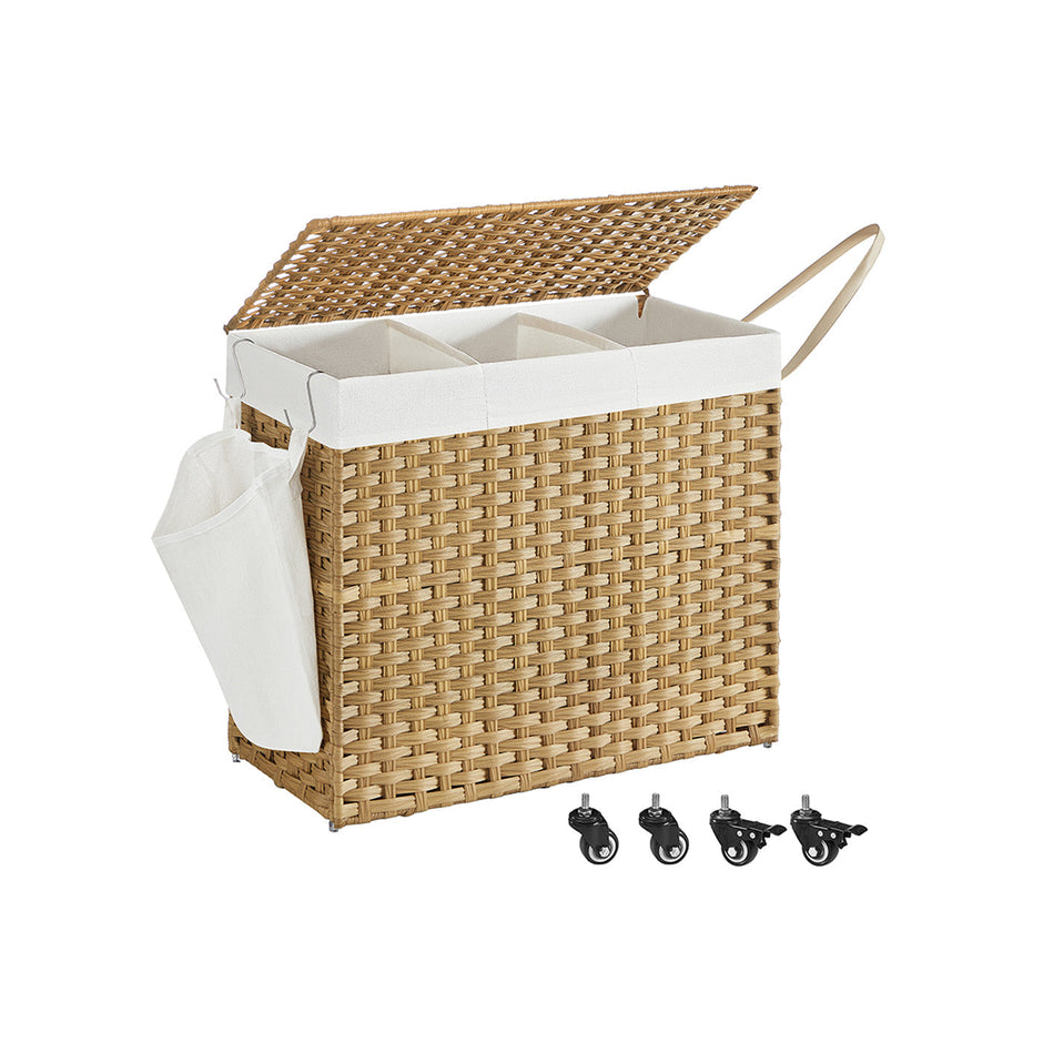 Rolling Laundry Hamper – Rattan-Style – Natural – 3-Compartment with Lid and Removable Liner