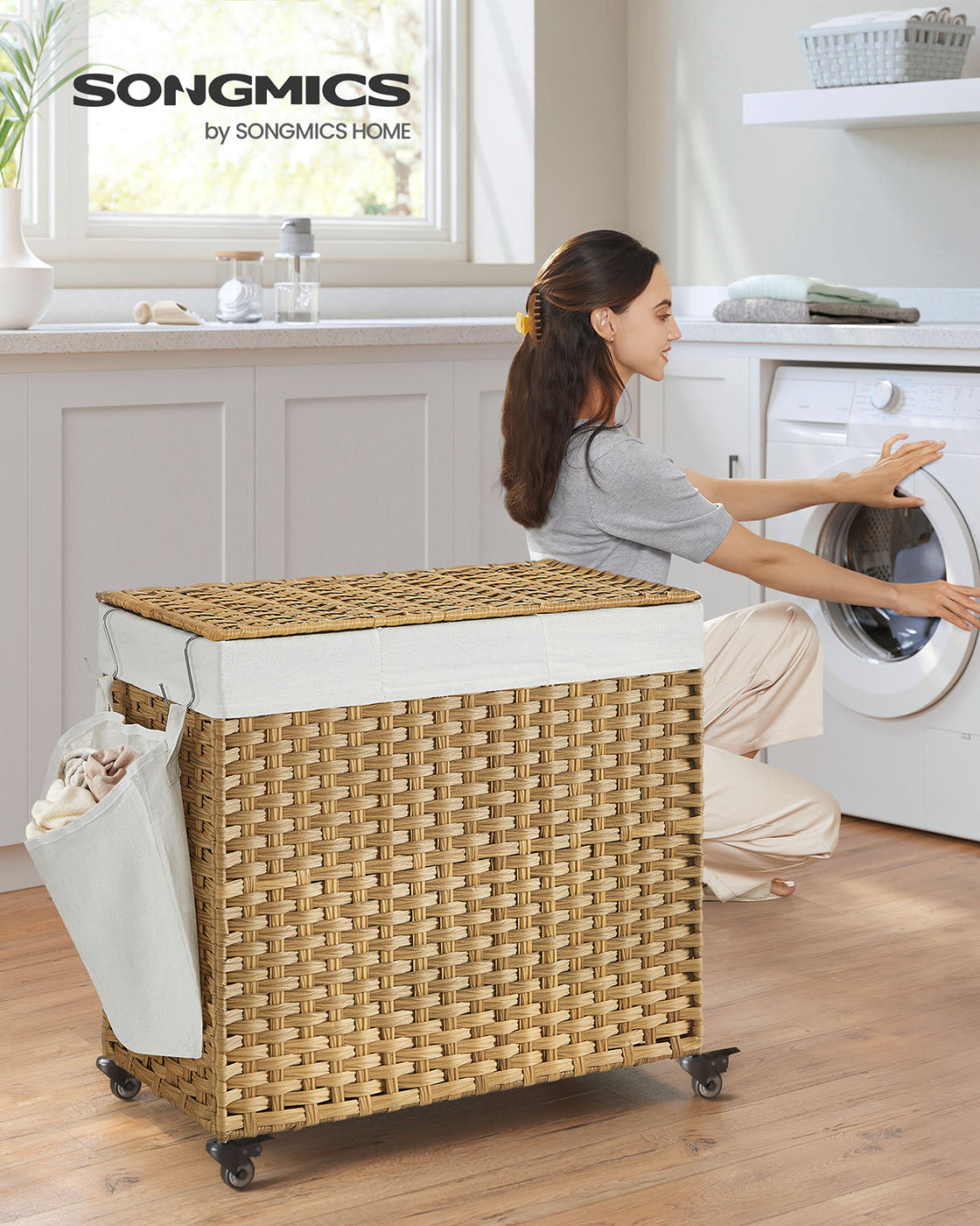 Rolling Laundry Hamper – Rattan-Style – Natural – 3-Compartment with Lid and Removable Liner