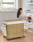 Rolling Laundry Hamper – Synthetic Rattan – Natural – 3 Compartments with Removable Liner and Wheels