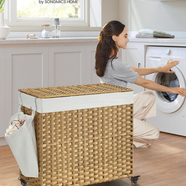 Rolling Laundry Hamper – Synthetic Rattan – Natural – 3 Compartments with Removable Liner and Wheels