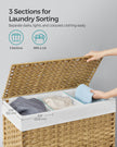 Rolling Laundry Hamper – Rattan-Style – Natural – 3-Compartment with Lid and Removable Liner