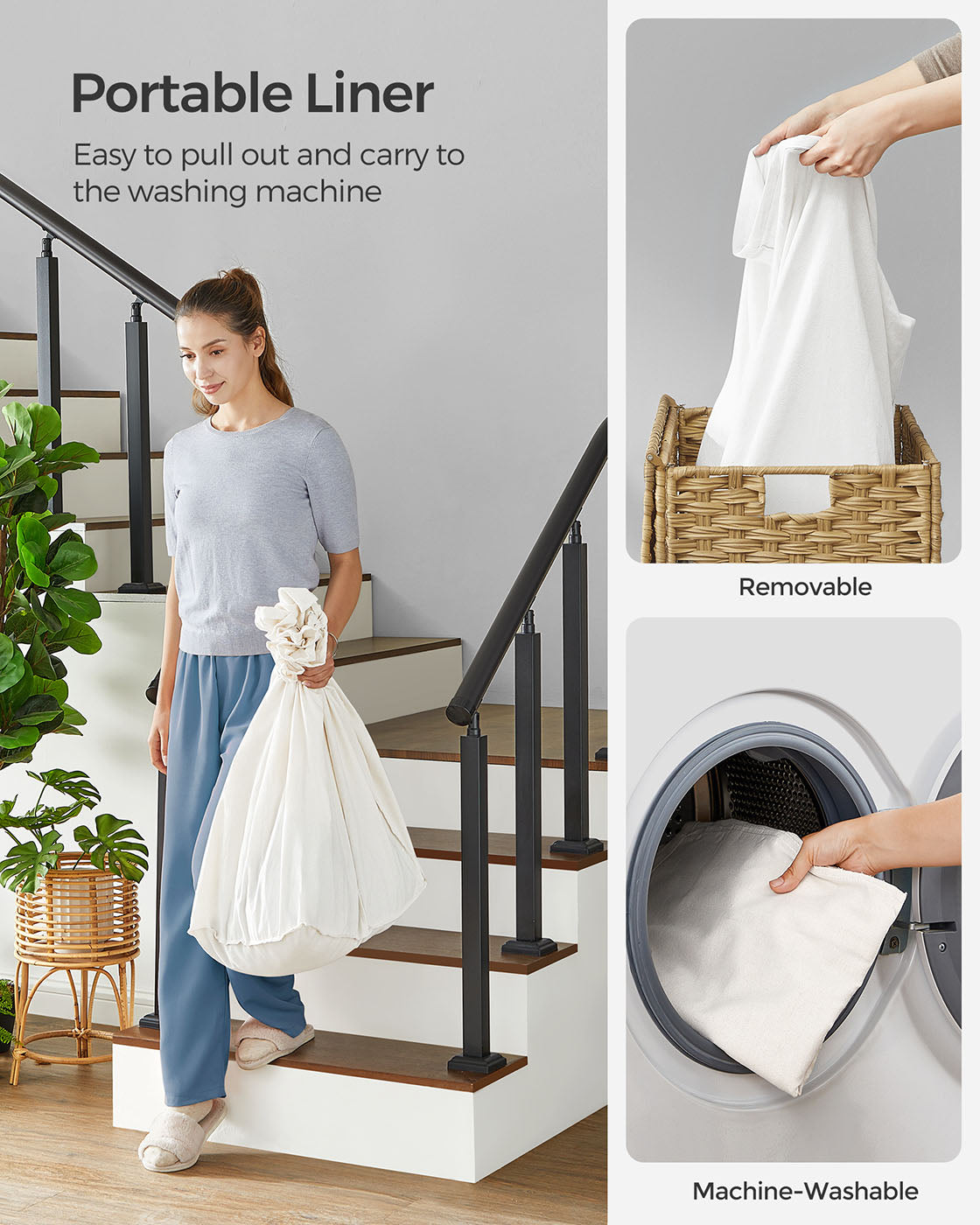 Rolling Laundry Hamper – Synthetic Rattan – Natural – 3 Compartments with Removable Liner and Wheels