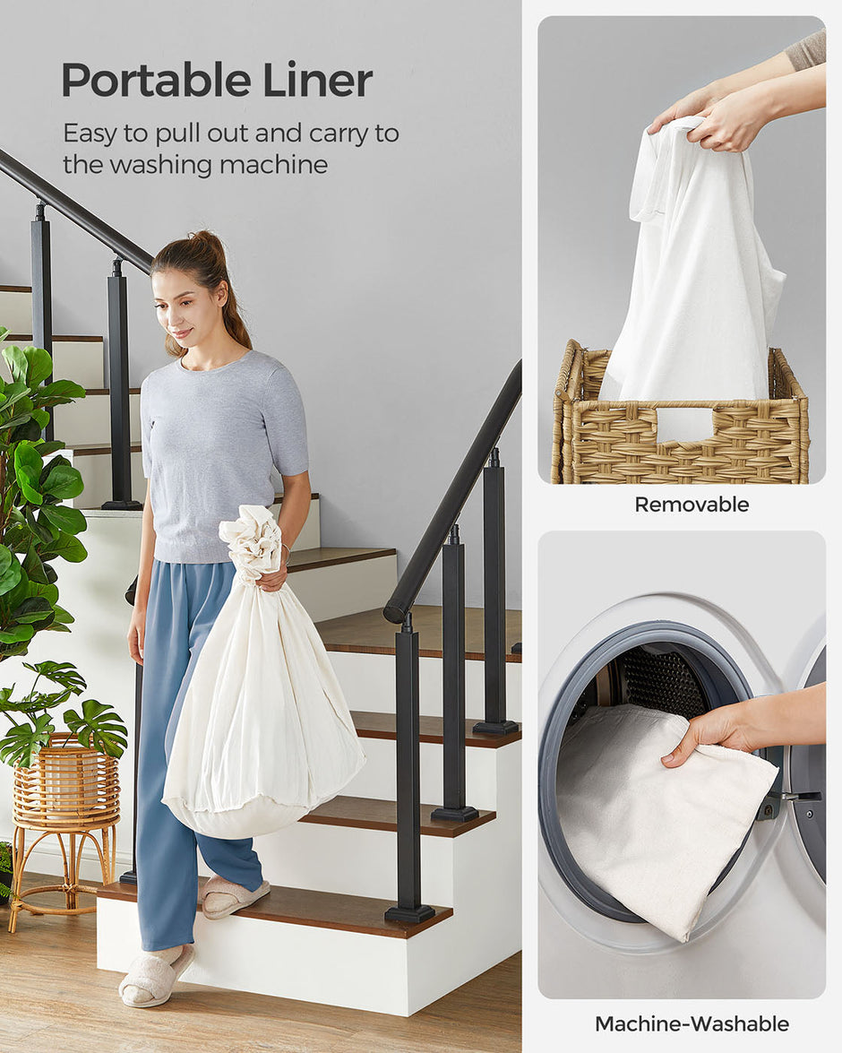 Rolling Laundry Hamper – Synthetic Rattan – Natural – 3 Compartments with Removable Liner and Wheels