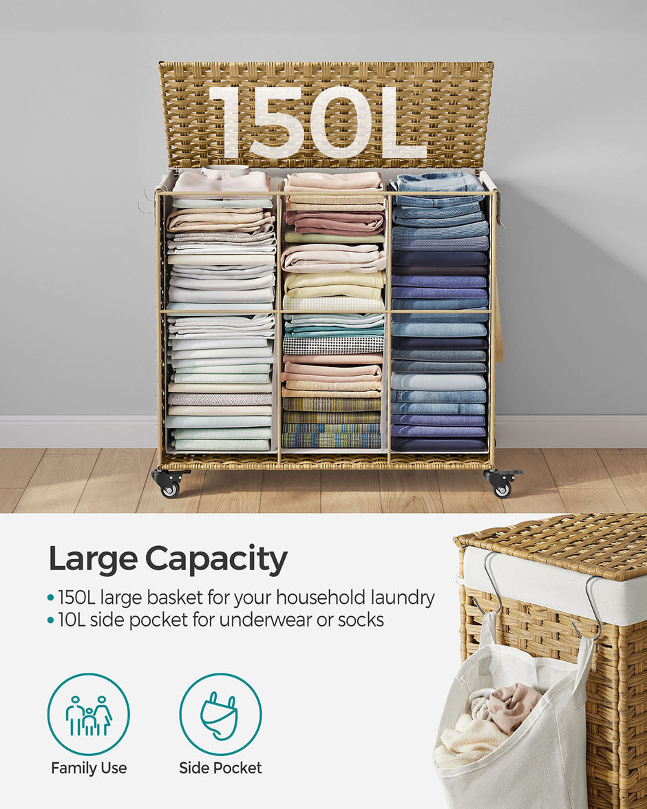 Rolling Laundry Hamper – Rattan-Style – Natural – 3-Compartment with Lid and Removable Liner