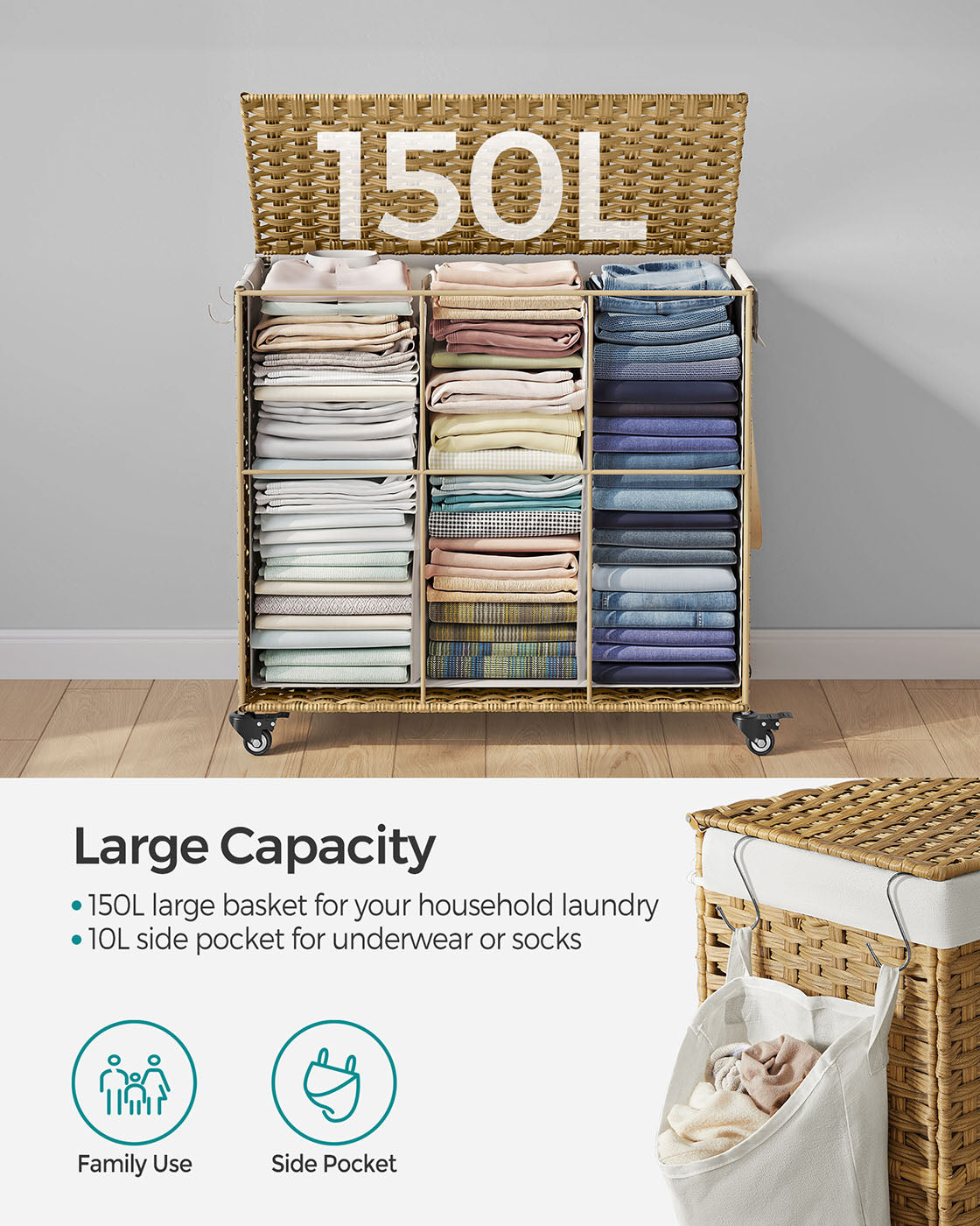 Rolling Laundry Hamper – Synthetic Rattan – Natural – 3 Compartments with Removable Liner and Wheels