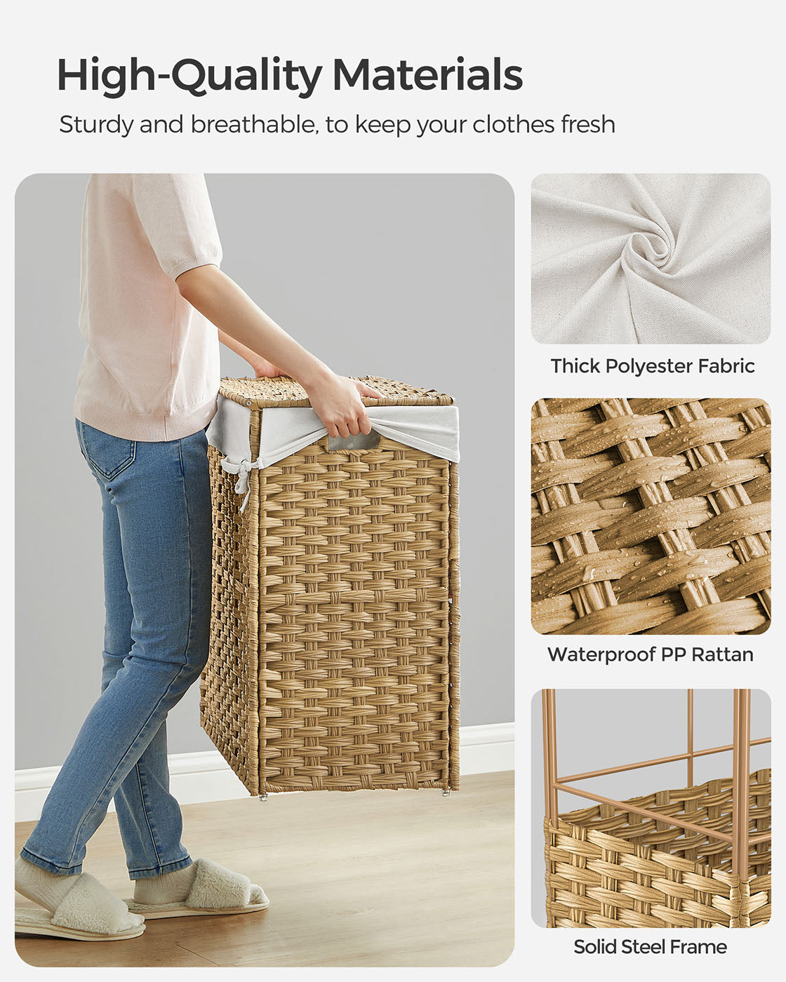 Rolling Laundry Hamper – Rattan-Style – Natural – 3-Compartment with Lid and Removable Liner