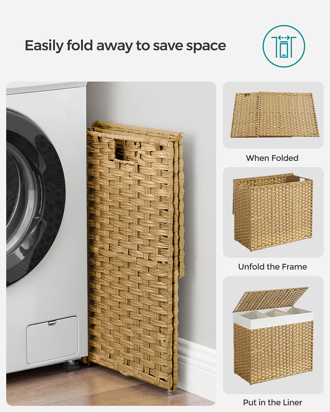 Rolling Laundry Hamper – Rattan-Style – Natural – 3-Compartment with Lid and Removable Liner