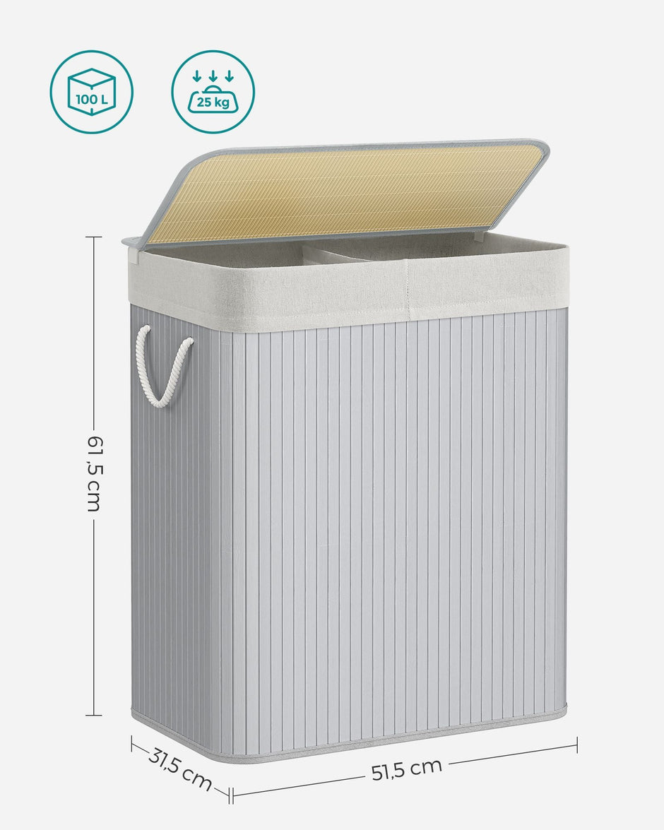 Divided Laundry Basket – Bamboo – Grey – 100L Capacity with Removable Liners and Lid