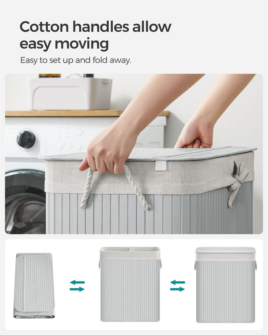 Divided Laundry Basket – Bamboo – Grey – 100L Capacity with Removable Liners and Lid
