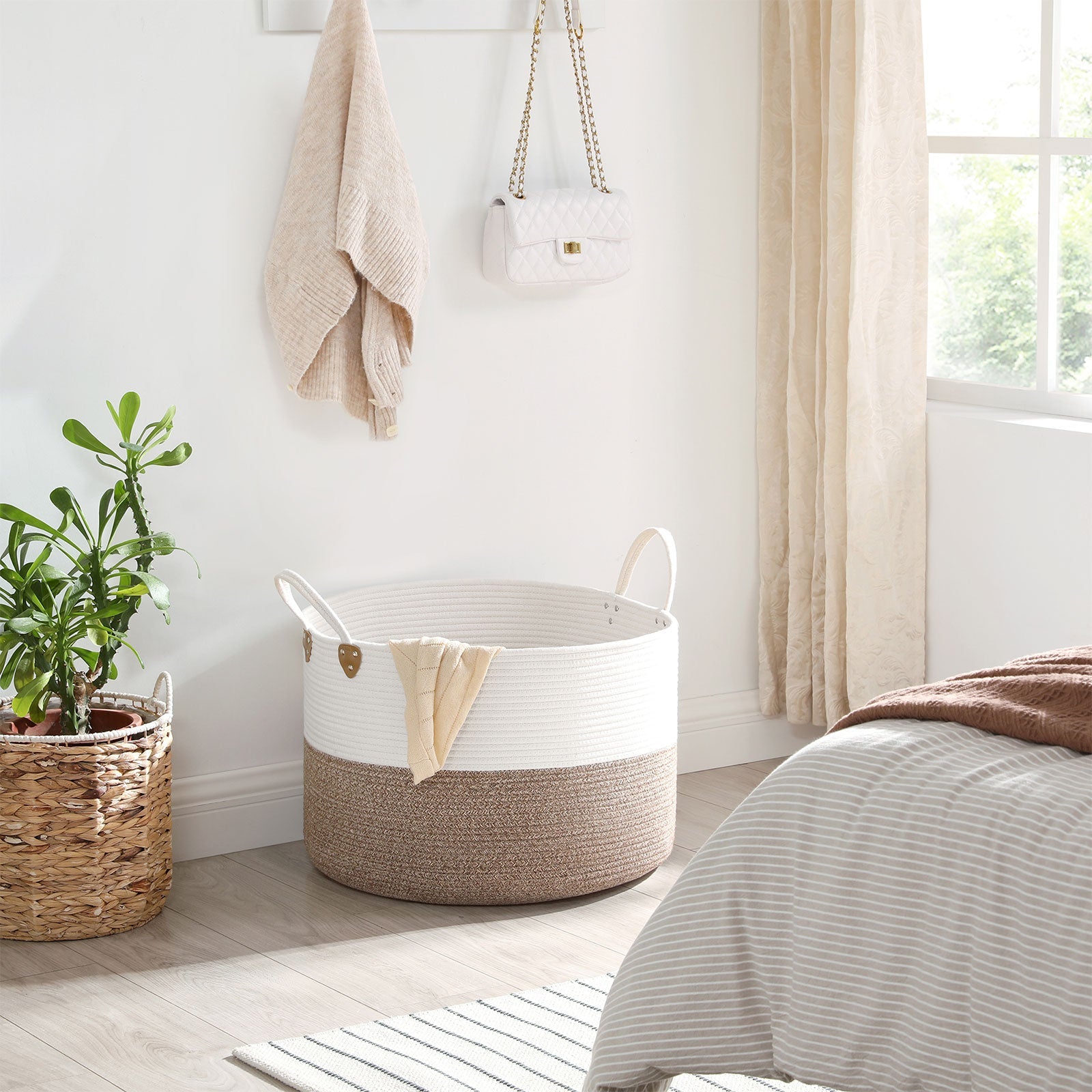 Laundry Basket – Cotton Rope – Brown & Beige – 100L with Handle