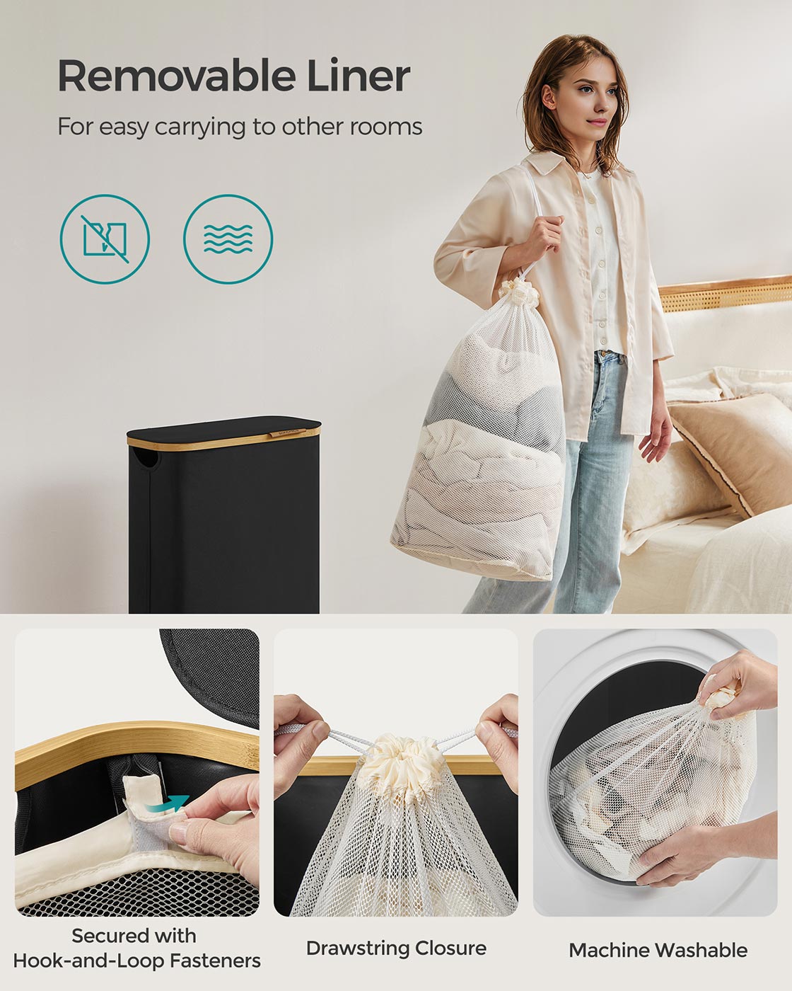 Laundry Basket – Oxford Fabric – Ink Black – Collapsible with Removable Mesh Liner