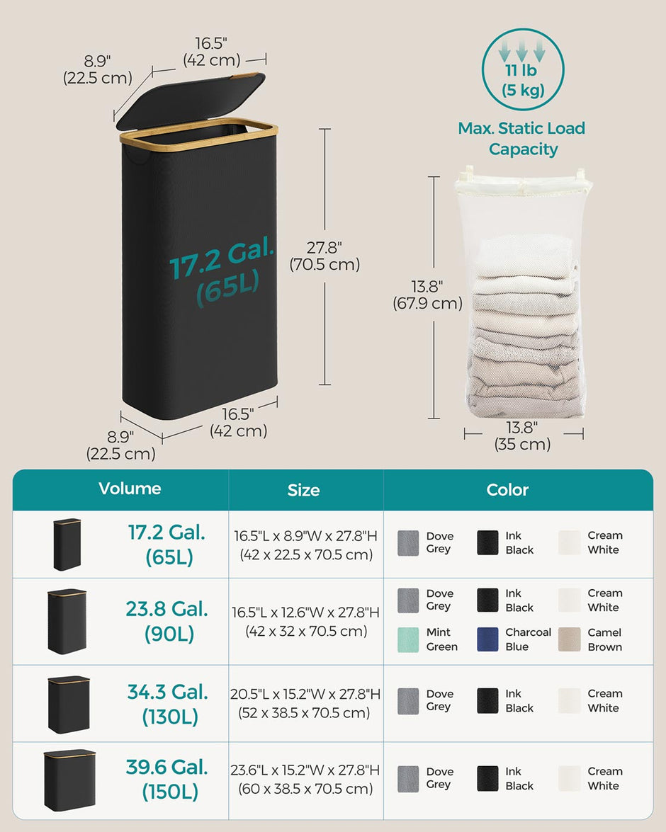 Laundry Basket – Oxford Fabric – Ink Black – Collapsible with Removable Mesh Liner