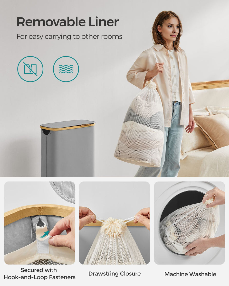 Laundry Basket – Oxford Fabric – Dove Grey – Slim, Space-Saving Design with Lid and Removable Mesh Liner