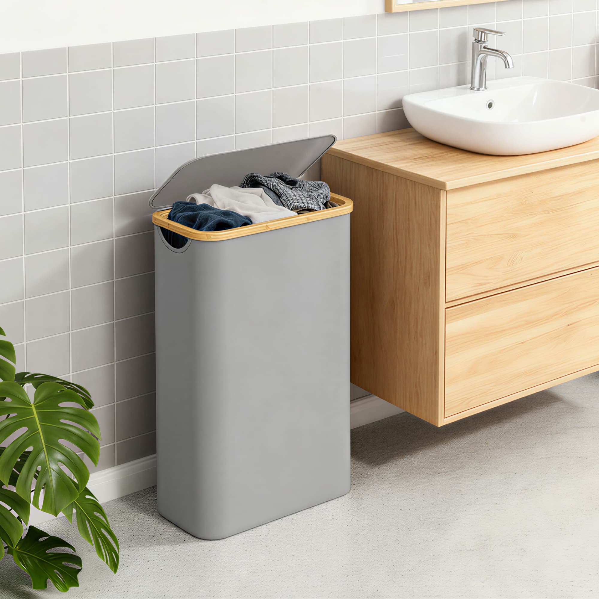 Laundry Basket – Fabric – Ink Black – Space-Saving with Lid and Removable Mesh Liner, 65 L