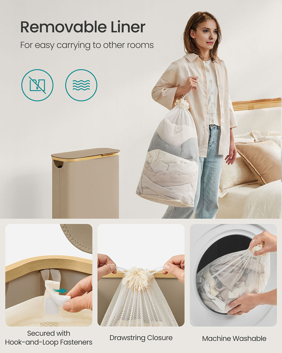 Laundry Basket – Oxford Fabric – Camel Brown – Space-Saving with Lid and Removable Mesh Liner