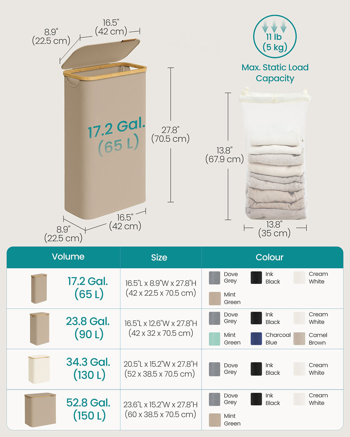 Laundry Basket – Oxford Fabric – Camel Brown – Space-Saving with Lid and Removable Mesh Liner