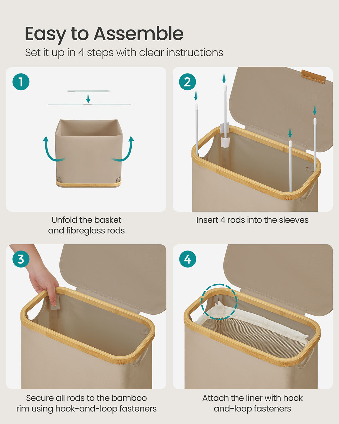 Laundry Basket – Oxford Fabric – Camel Brown – Space-Saving with Lid and Removable Mesh Liner