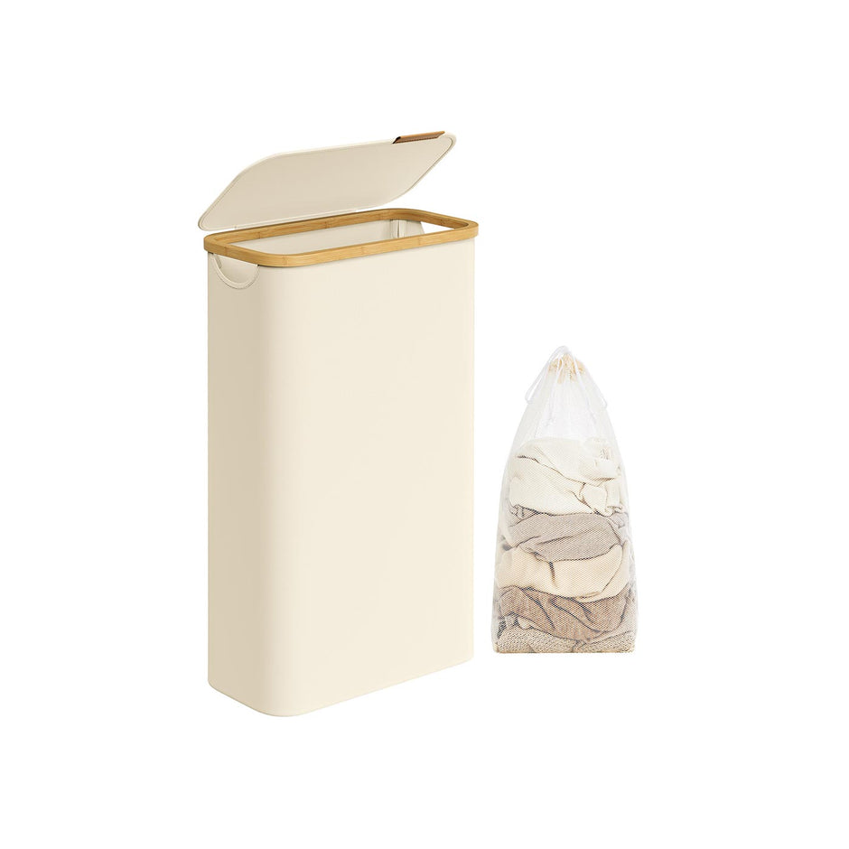 Laundry Basket – Oxford Fabric – Cream White – Slim Design with Lid and Removable Mesh Liner