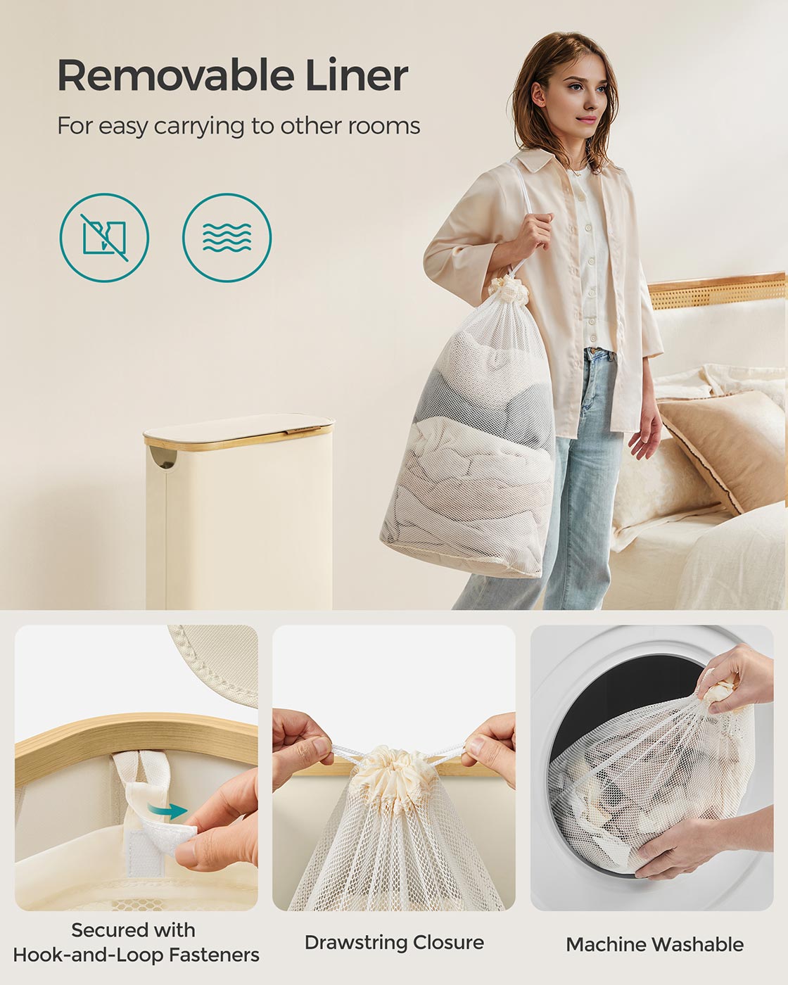 Laundry Basket – Oxford Fabric – Cream White – Slim Design with Lid and Removable Mesh Liner