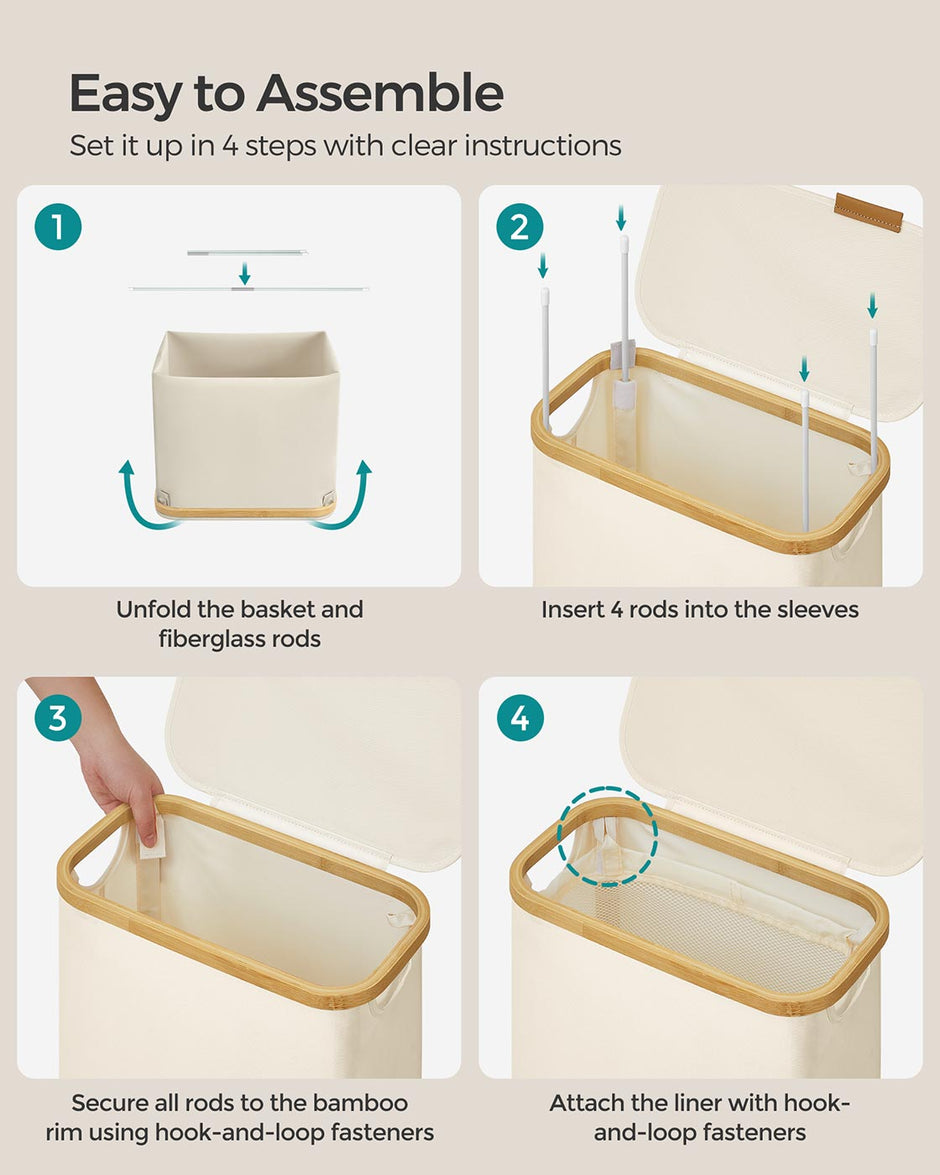 Laundry Basket – Oxford Fabric – Cream White – Slim Design with Lid and Removable Mesh Liner