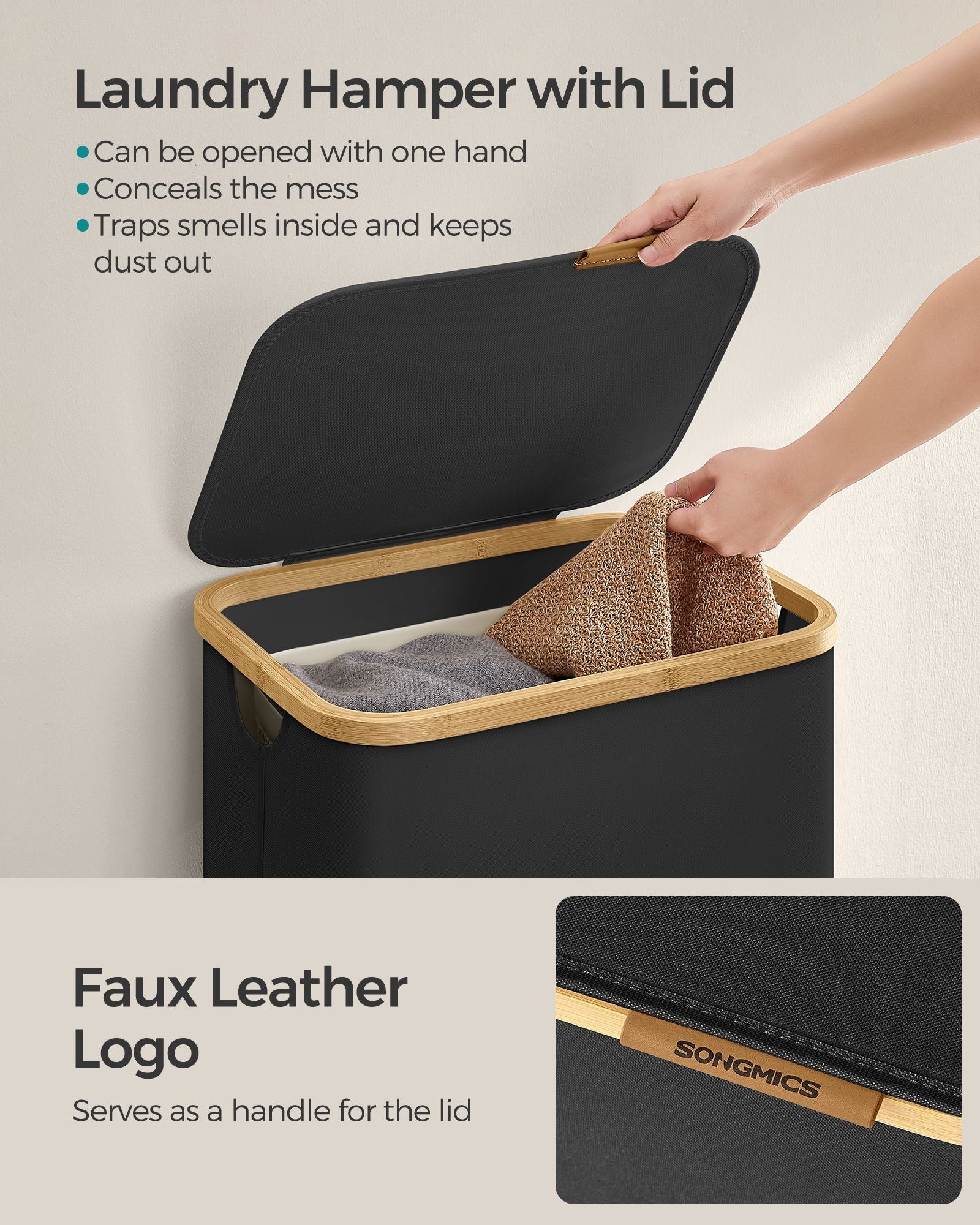 Laundry Basket – Oxford Fabric – Ink Black – Slim Design with Lid and Removable Mesh Liner