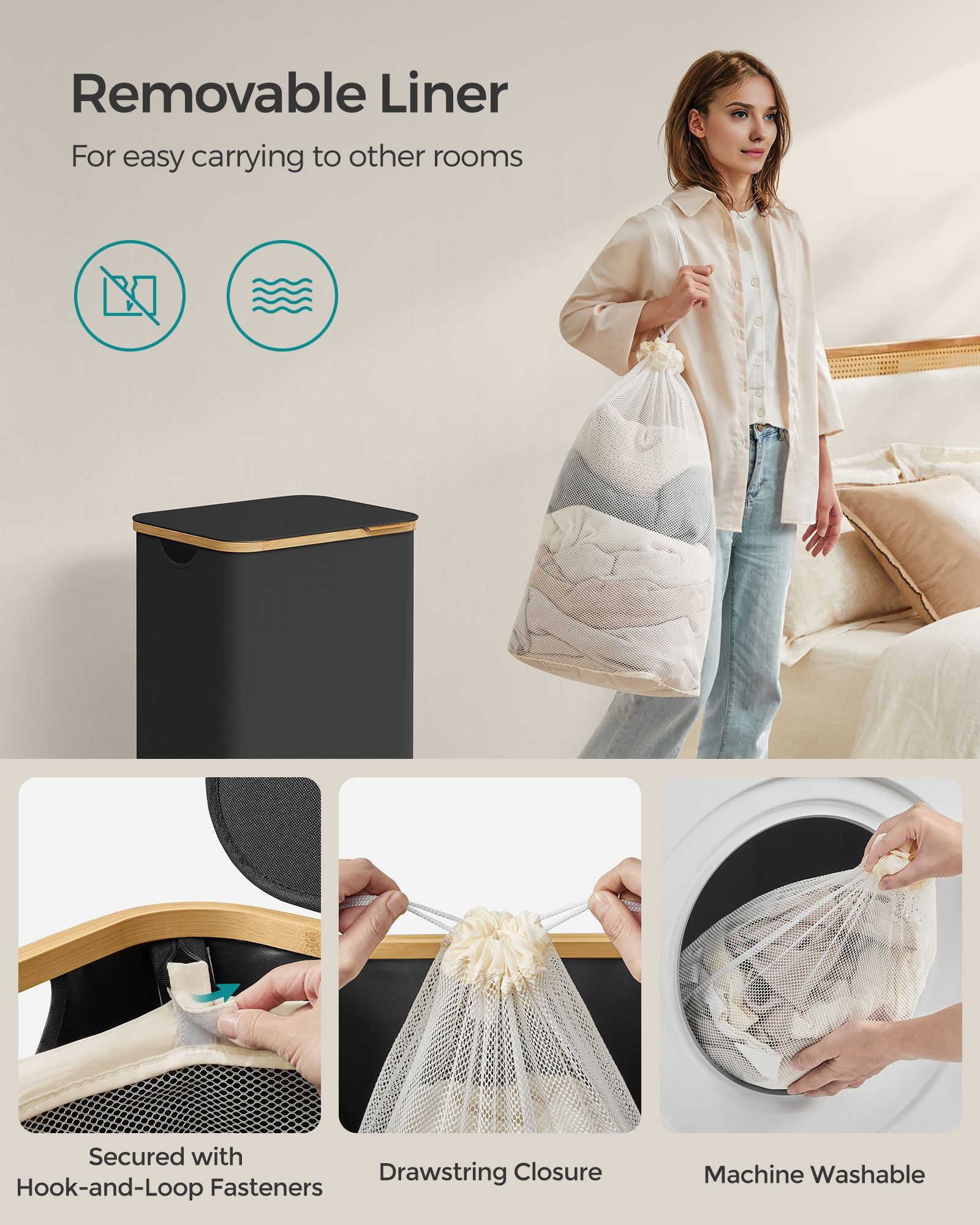 Laundry Basket – Oxford Fabric – Ink Black – Slim Design with Lid and Removable Mesh Liner