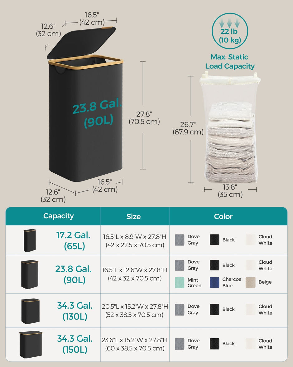 Laundry Basket – Oxford Fabric – Ink Black – Slim Design with Lid and Removable Mesh Liner
