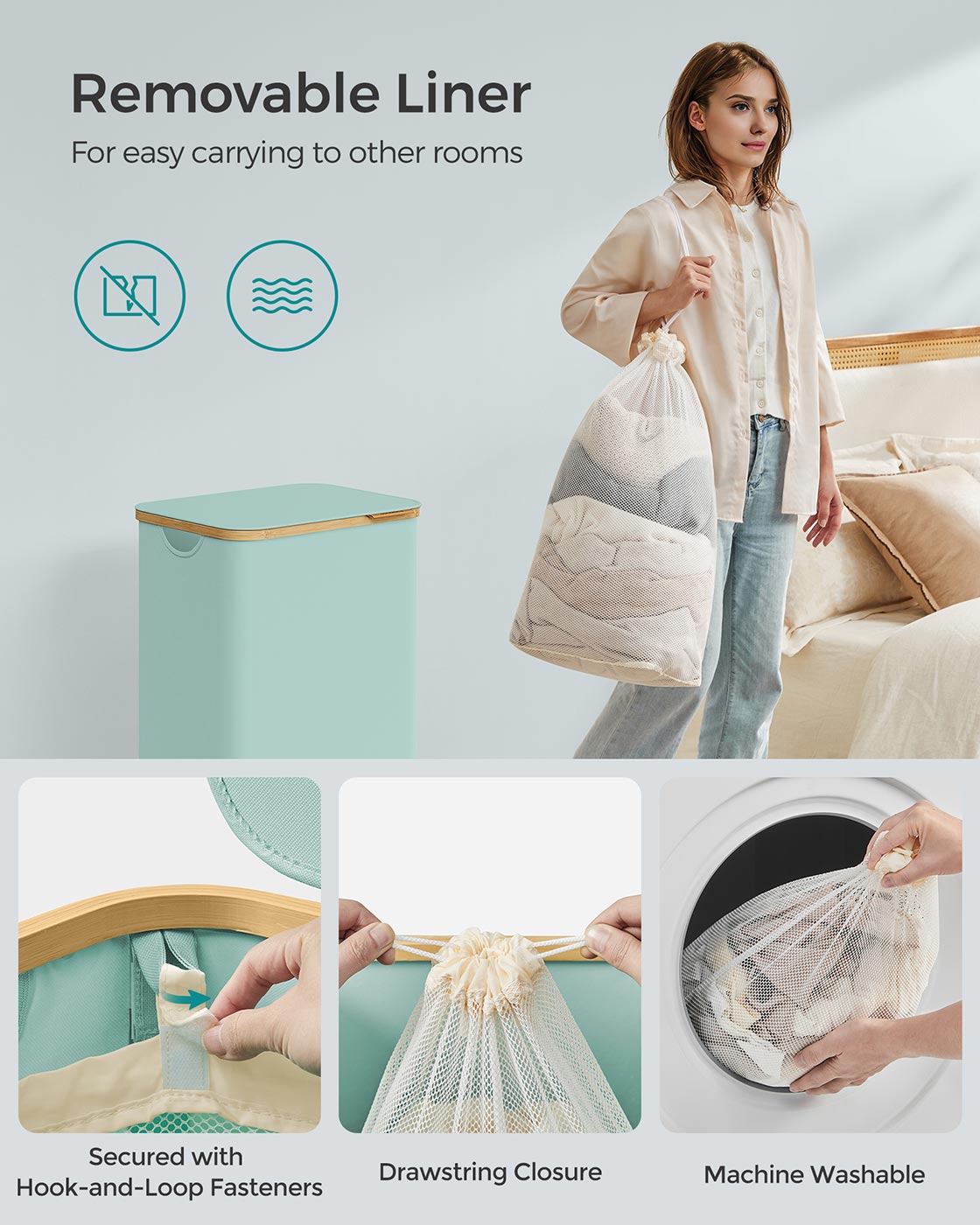 Laundry Basket – Oxford Fabric – Cream White – Space-Saving with Lid and Removable Mesh Liner
