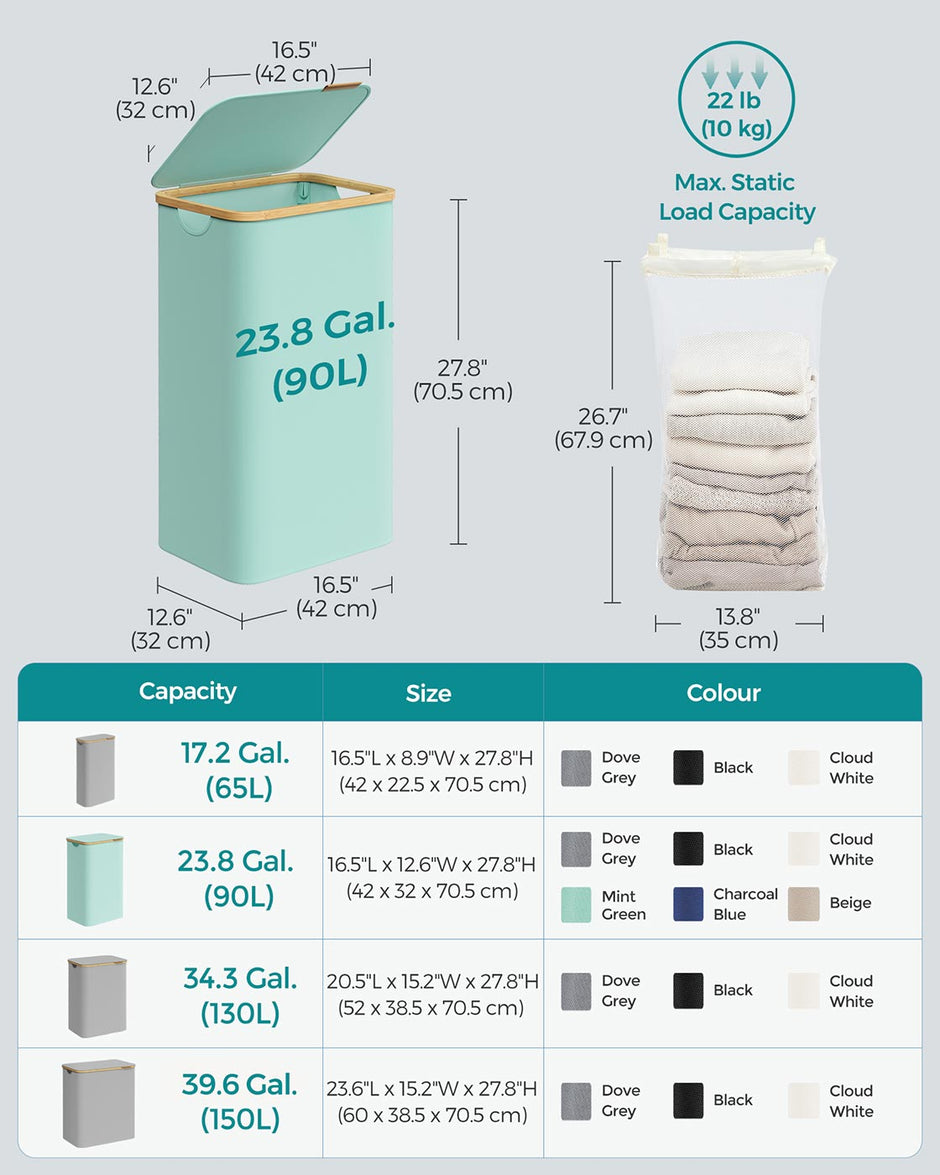 Laundry Basket – Oxford Fabric – Cream White – Space-Saving with Lid and Removable Mesh Liner