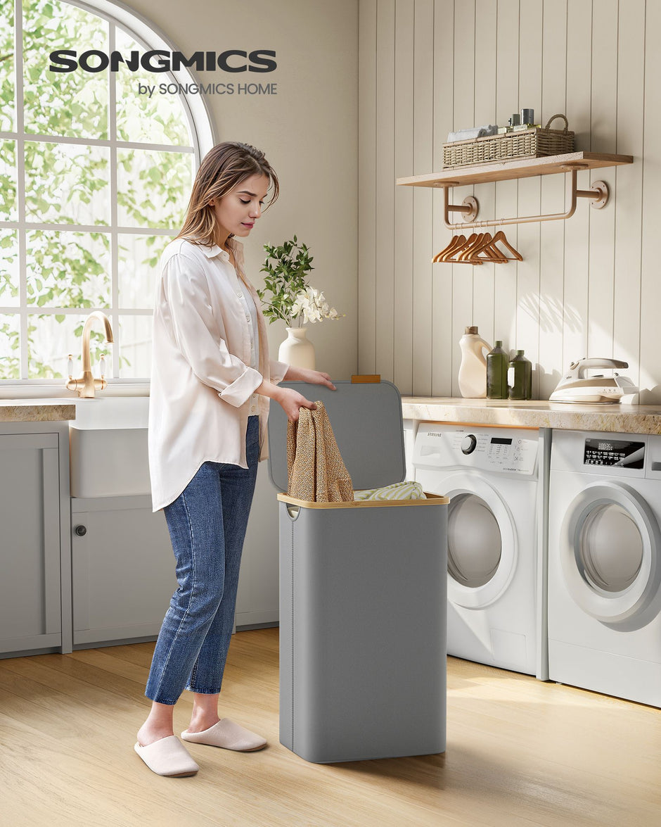 Laundry Basket – Oxford Fabric – Dove Grey – Slim Design with Lid and Removable Mesh Liner