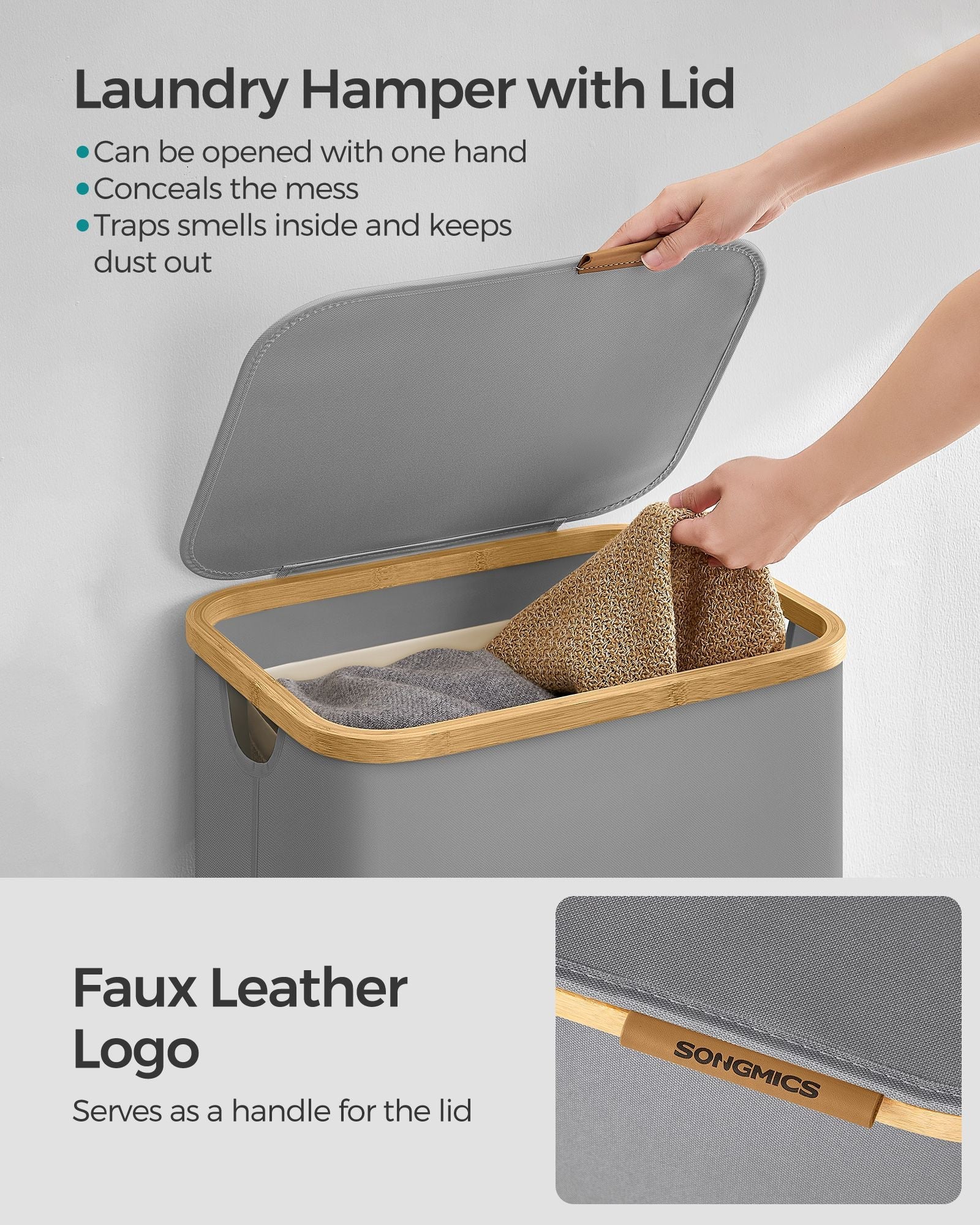 Laundry Basket – Oxford Fabric – Dove Grey – Slim Design with Lid and Removable Mesh Liner