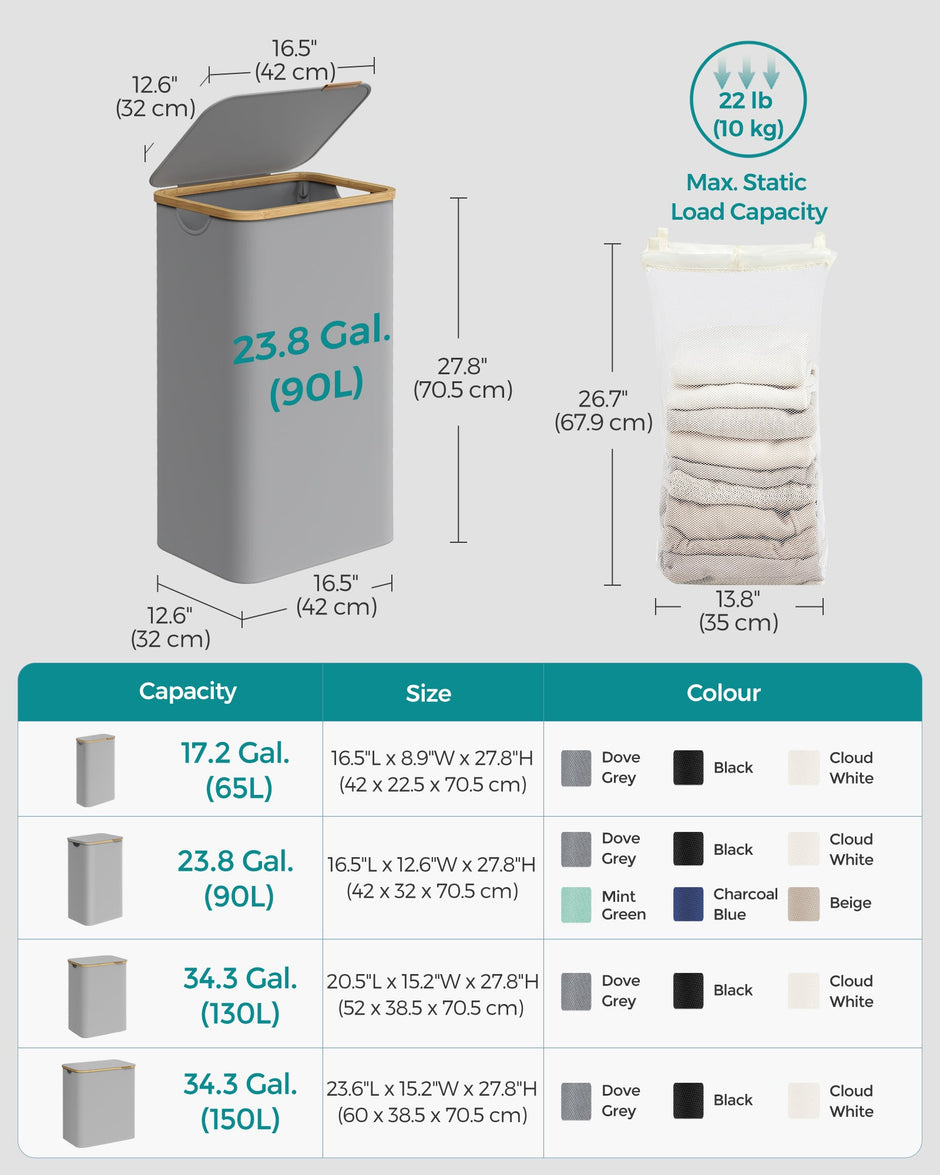 Laundry Basket – Oxford Fabric – Dove Grey – Slim Design with Lid and Removable Mesh Liner