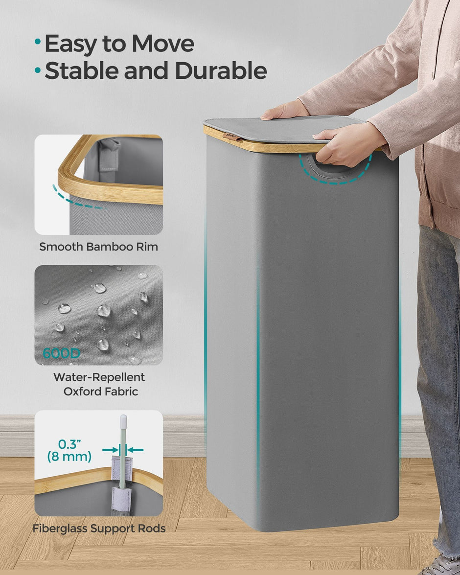 Laundry Basket – Oxford Fabric – Dove Grey – Slim Design with Lid and Removable Mesh Liner