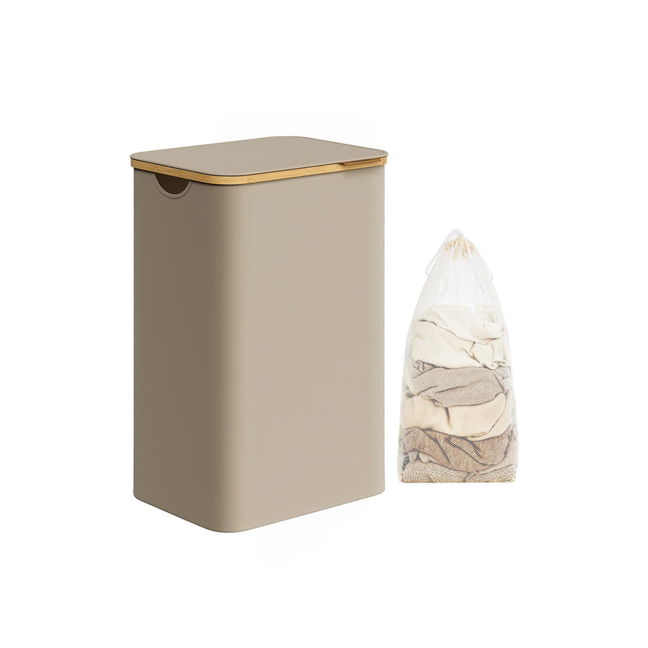 Laundry Basket – Oxford Fabric – Camel Brown – Slim Design with Lid and Removable Mesh Liner