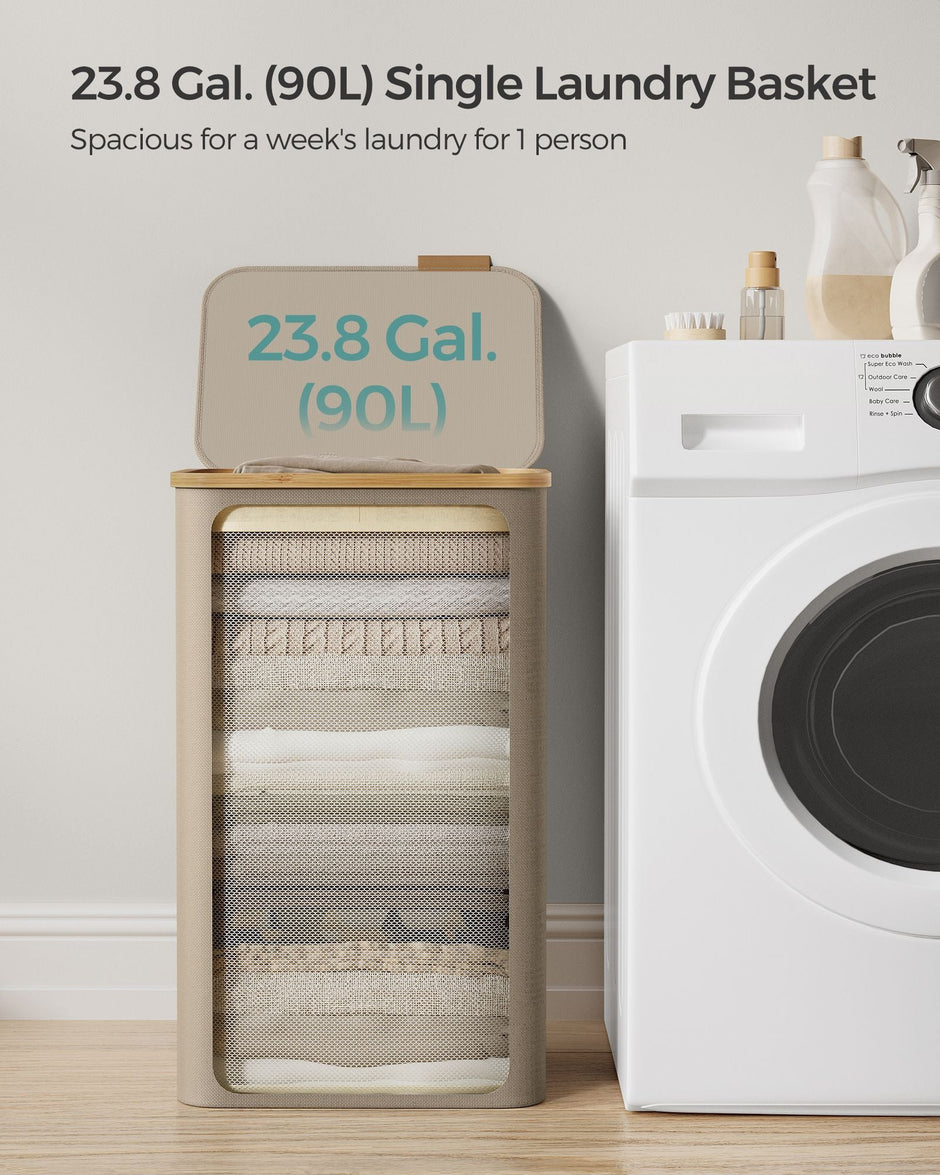 Laundry Basket – Oxford Fabric – Camel Brown – Slim Design with Lid and Removable Mesh Liner