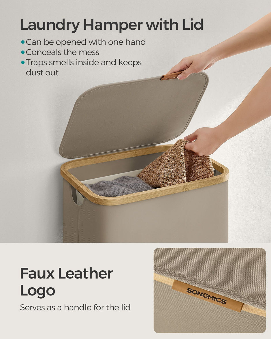 Laundry Basket – Oxford Fabric – Camel Brown – Slim Design with Lid and Removable Mesh Liner