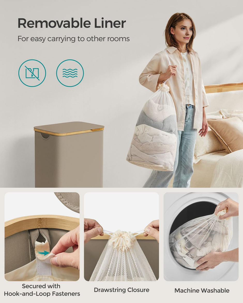 Laundry Basket – Oxford Fabric – Camel Brown – Slim Design with Lid and Removable Mesh Liner