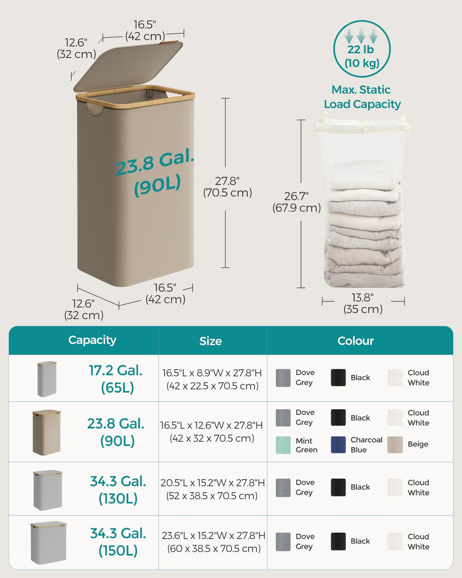 Laundry Basket – Oxford Fabric – Camel Brown – Slim Design with Lid and Removable Mesh Liner