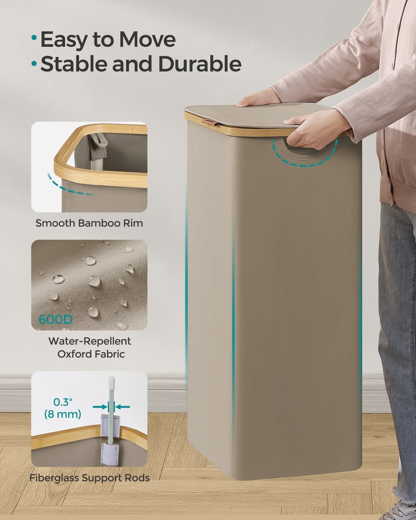 Laundry Basket – Oxford Fabric – Camel Brown – Slim Design with Lid and Removable Mesh Liner