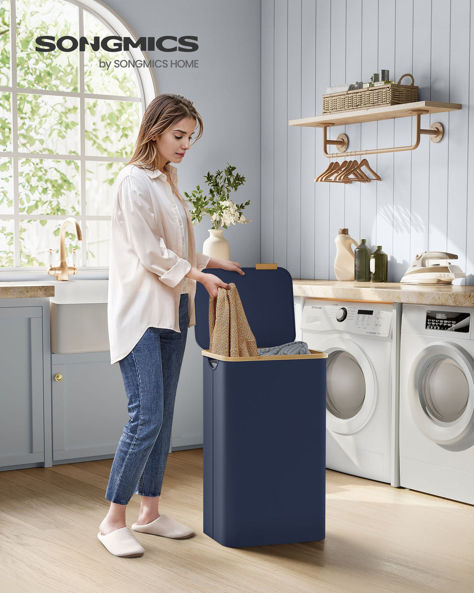 Laundry Basket – Oxford Fabric – Charcoal Blue – Slim, Collapsible with Lid and Removable Mesh Liner